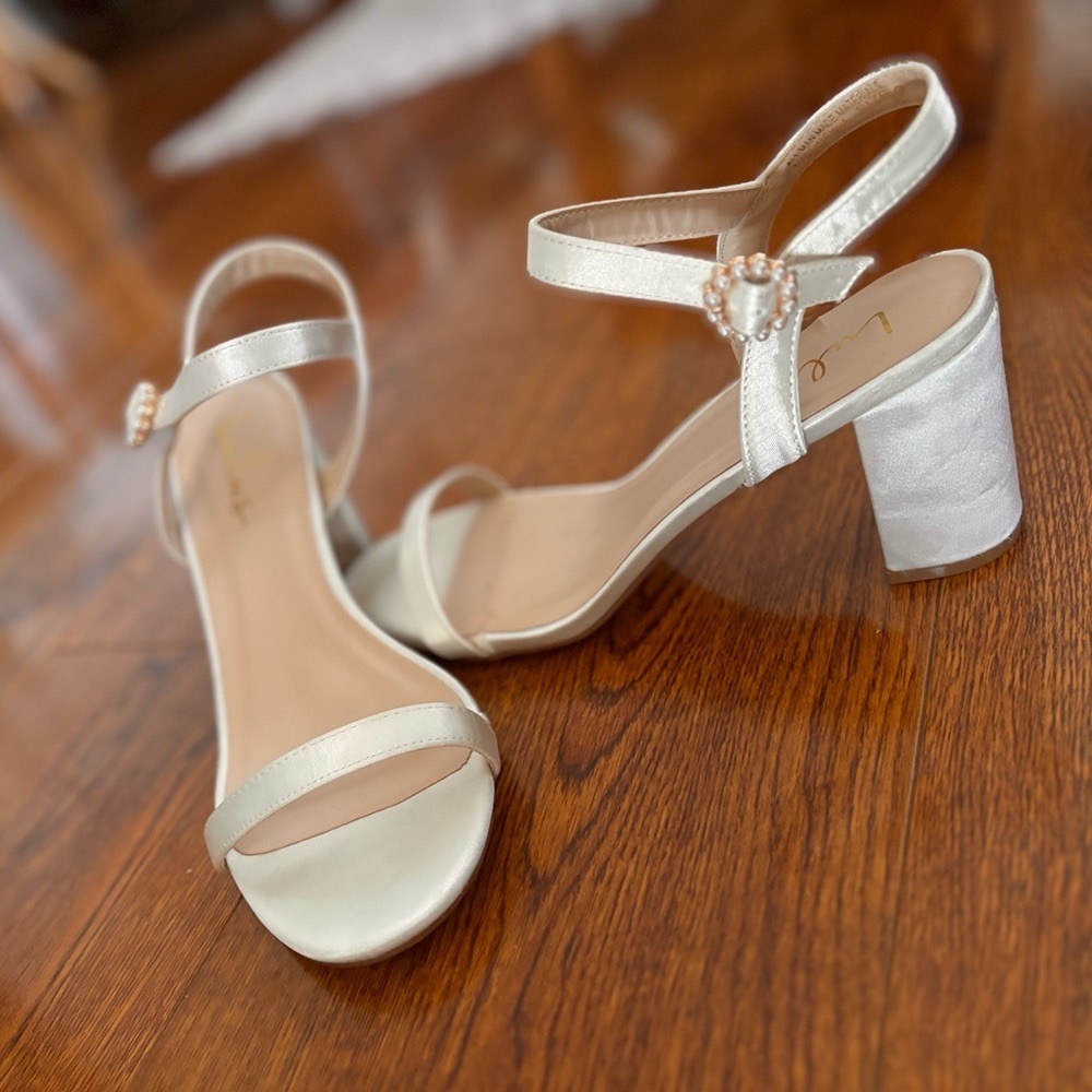 Lulu's Ivory Satin Block Heel Sandals with Pearl Accent